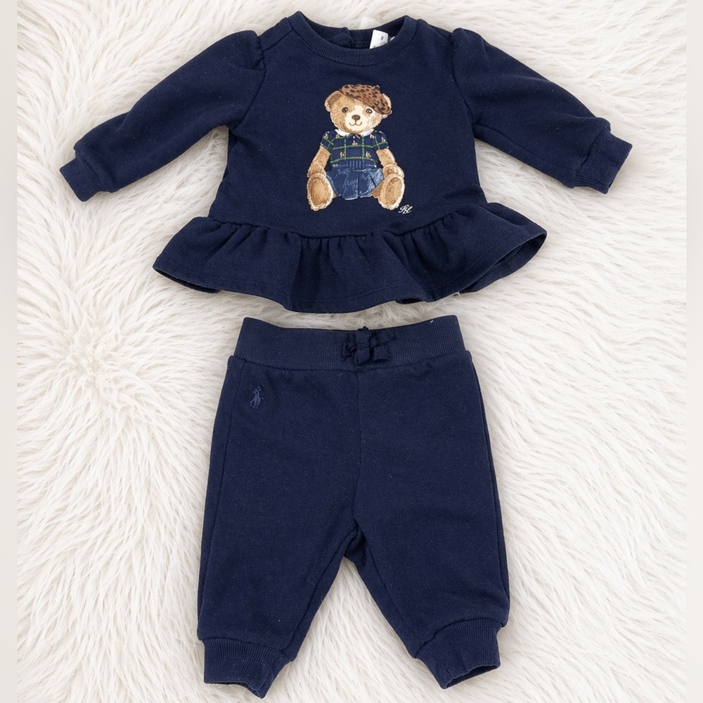 Ralph Lauren Baby Girl 3M Polo Bear Set Navy Sweatshirt Jogger Outfit